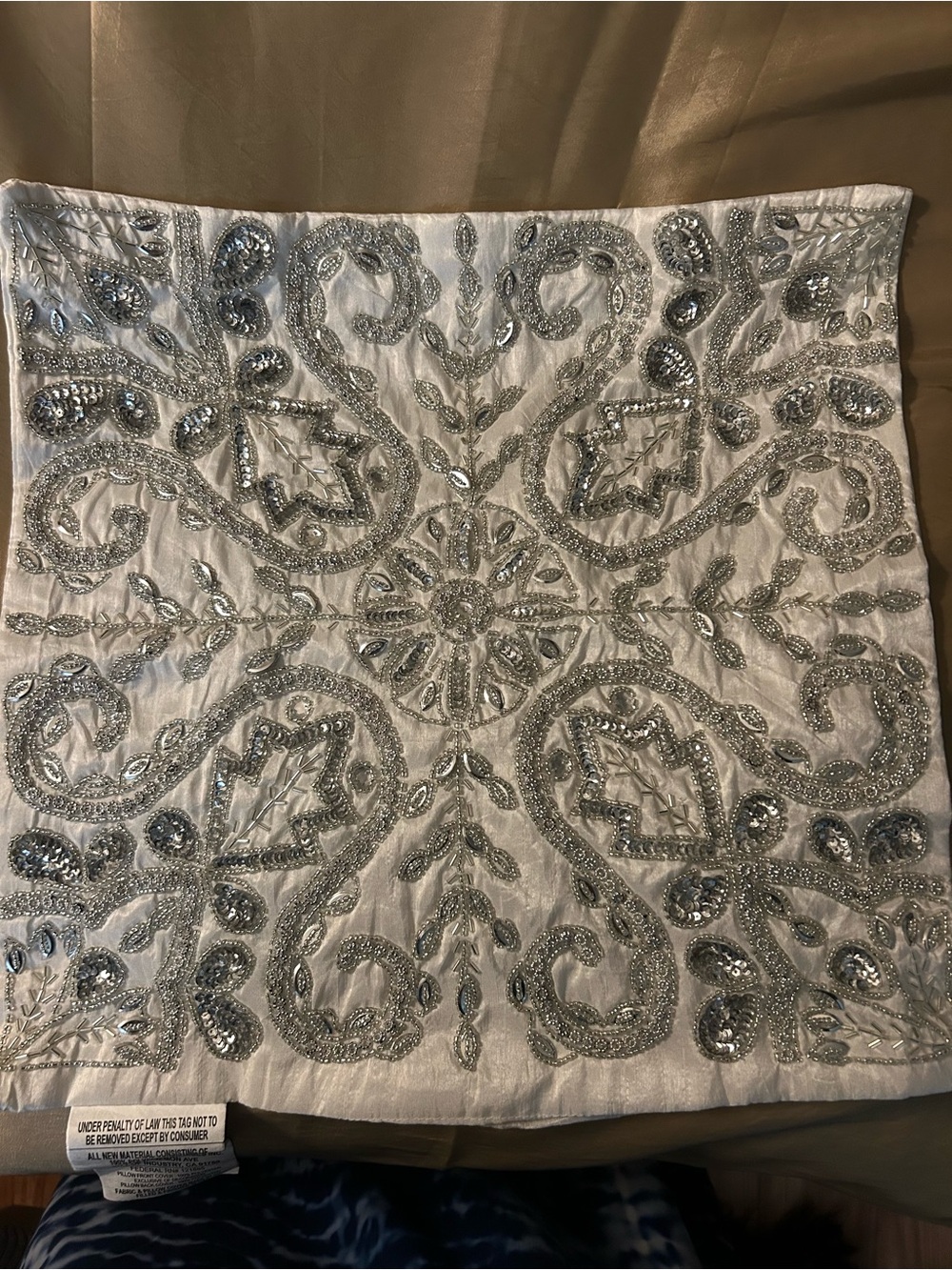 Embellished Sequin Square Decorative Pillow Cover in White and Silver